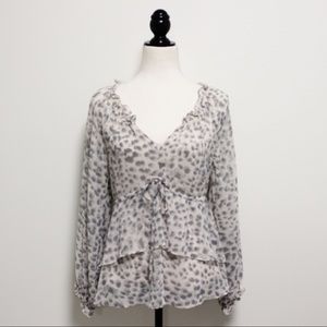 Rebecca Taylor Gray Leopard Print Peasant Blouse Cottagecore Fairy